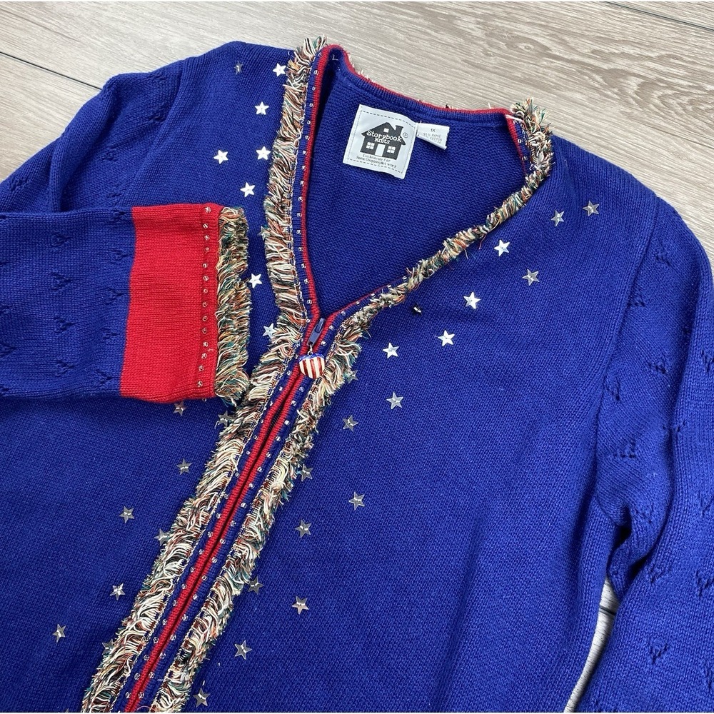 Storybook Knits Women's Patriotic 4th Of July Knit Long Cardigan Blue Size 1X